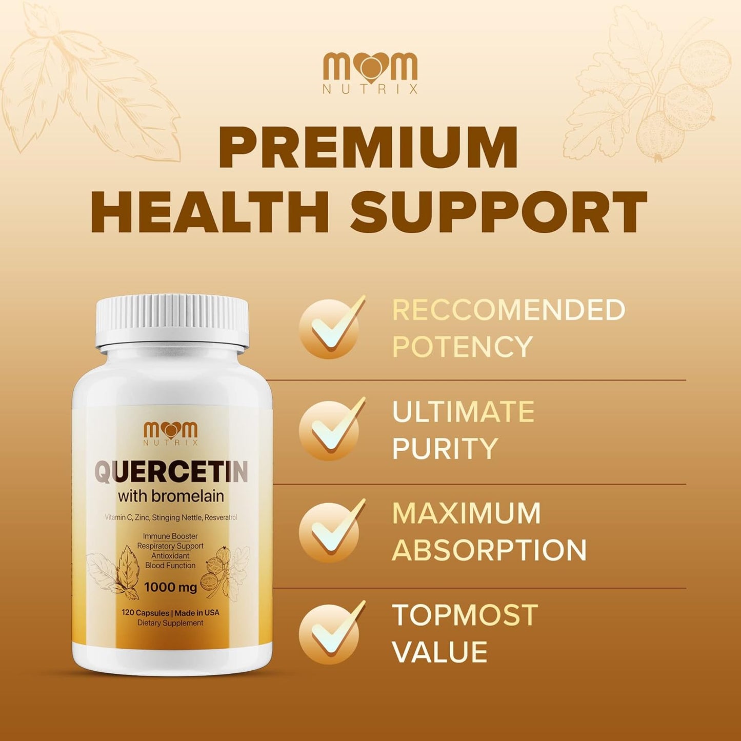 120 Capsules of MOM NUTRIX Advanced Quercetin with Bromelain, Elderberry, Nettle, Resveratrol, Zinc, Vitamin C & D