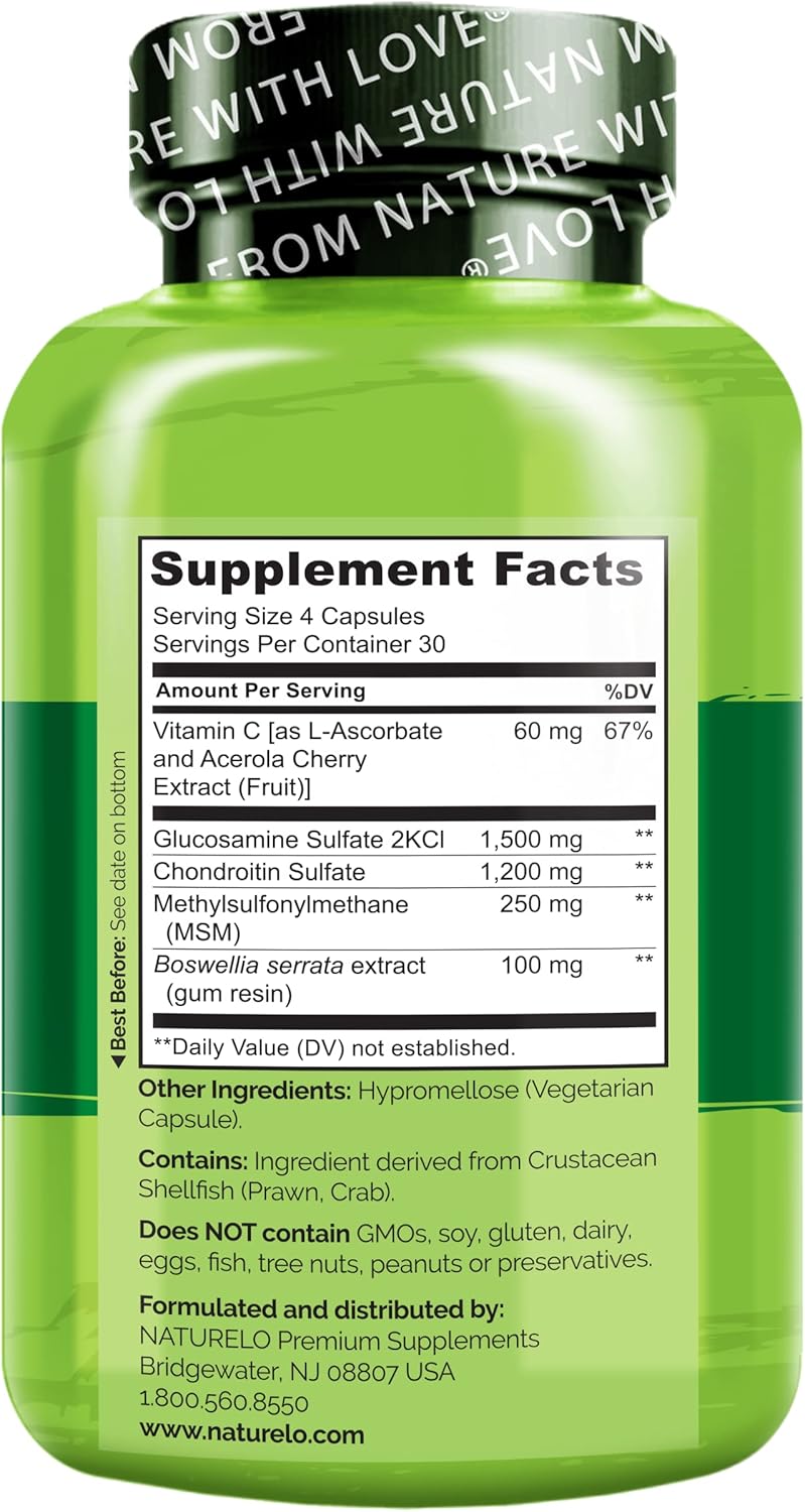 120 Capsules of NATURELO Glucosamine Chondroitin MSM with Boswellia and Vitamin C - Joint Comfort, Mobility, and Strength Supplement Pack