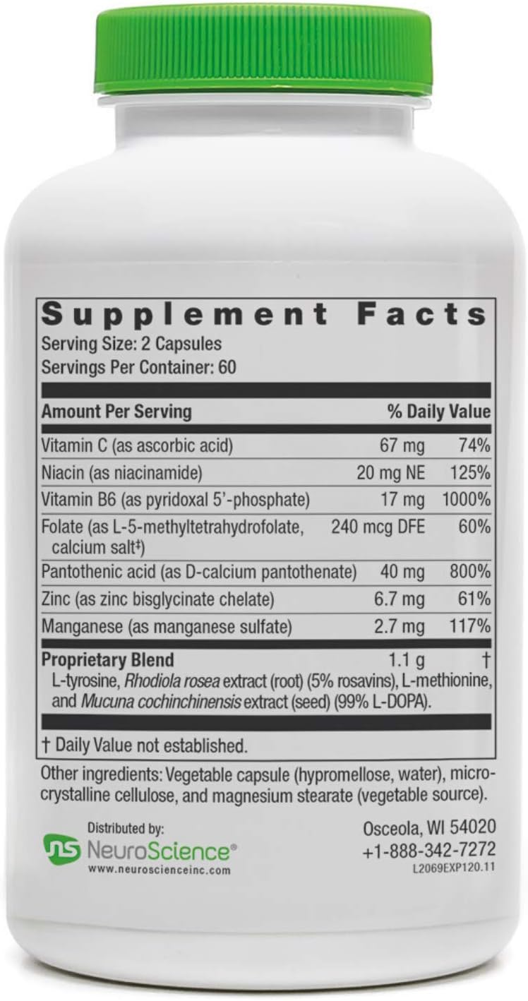 120 Capsules of NeuroScience ExcitaPlus Supplement for Energy & Adrenal Health - Extra Strength L-Tyrosine & Rhodiola Formula to Reduce Fatigue & Boost Energy - 2 Month Supply