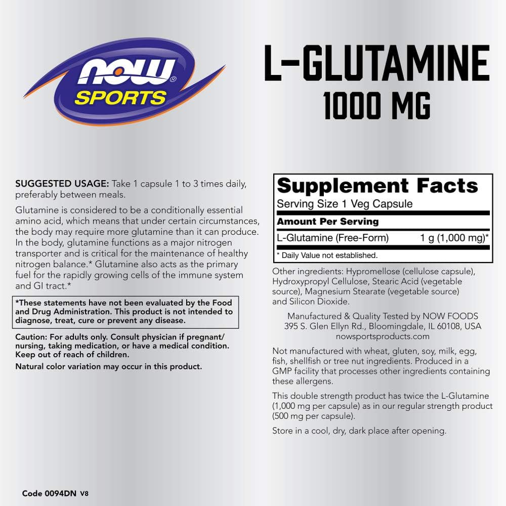 120 Capsules of NOW Foods L-Glutamine 1,000mg for Muscle Recovery and Immune Support