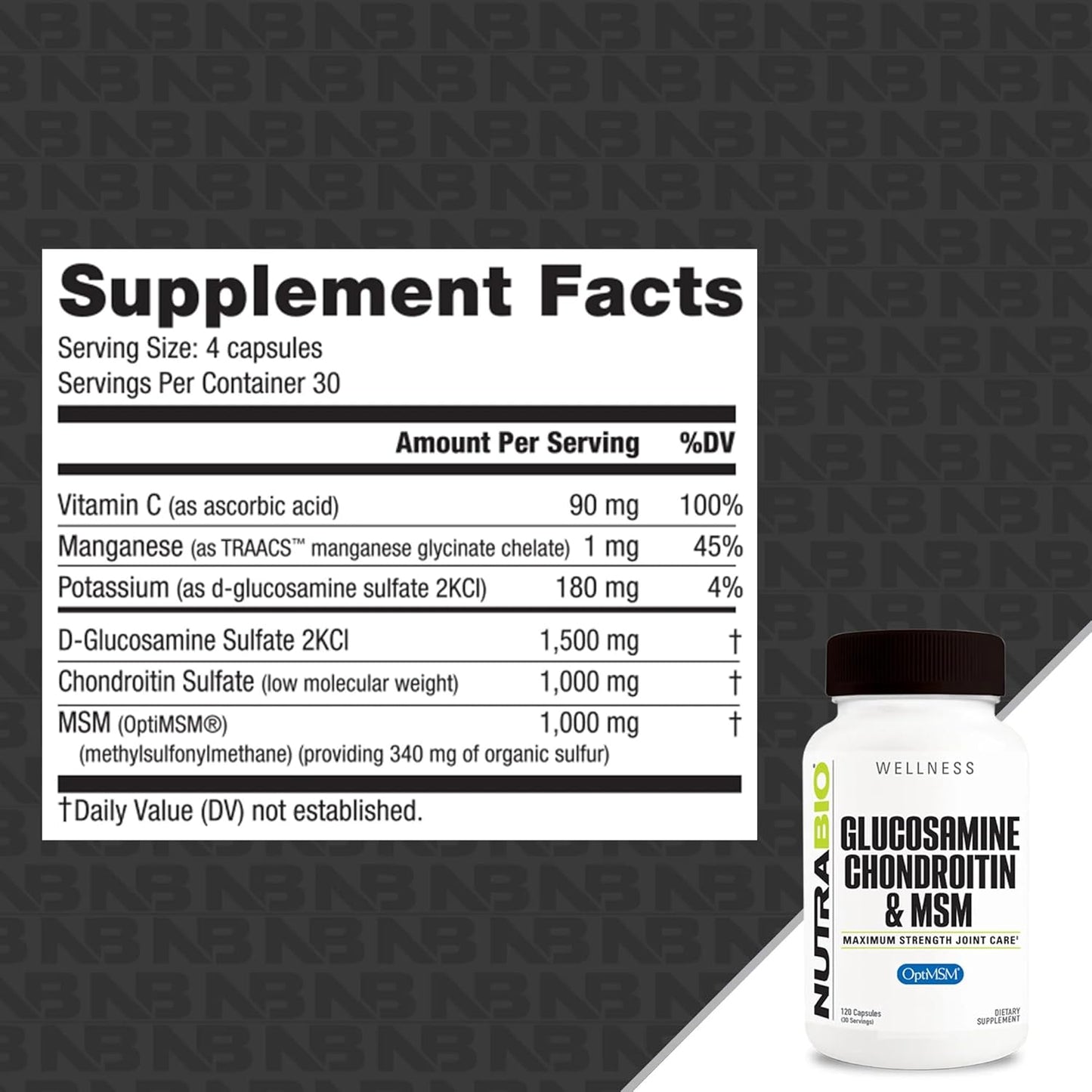 120 Capsules of NutraBio Glucosamine Chondroitin & OptiMSM Joint Support Supplement