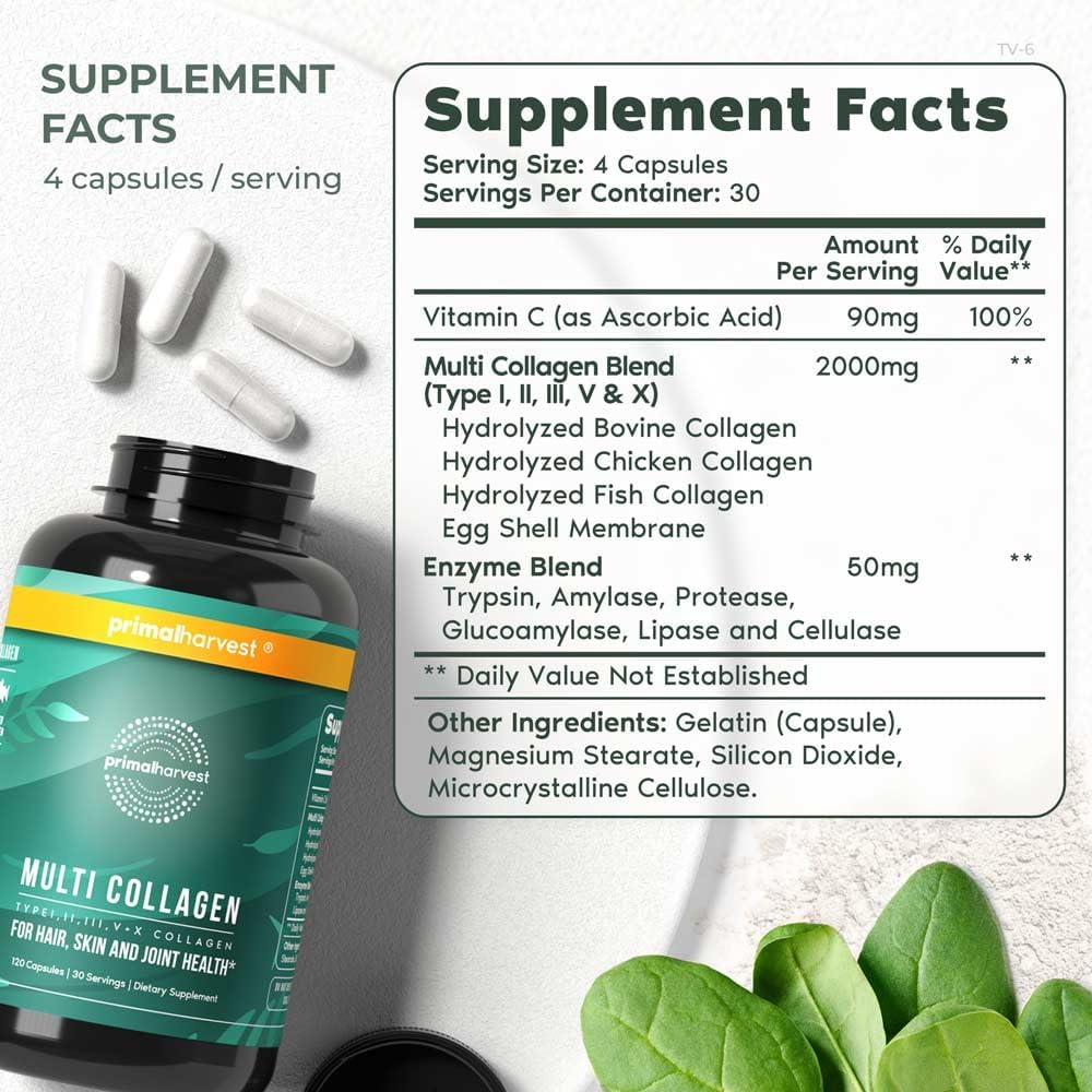 120 Capsules of Primal Harvest Multi Collagen Pills with Vitamin C for Hair, Skin, Nails - Type I, II, III, V, X - Collagen Supplements for Women and Men