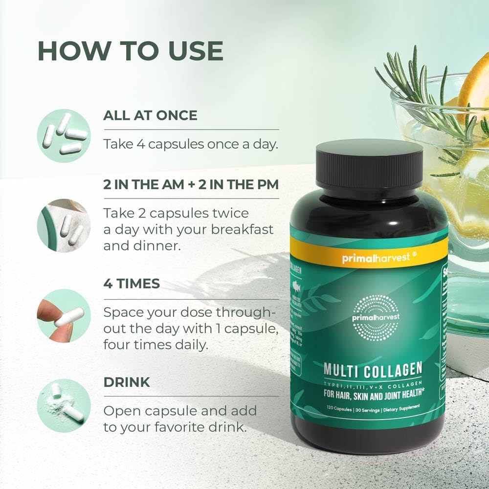 120 Capsules of Primal Harvest Multi Collagen Pills with Vitamin C for Hair, Skin, Nails - Type I, II, III, V, X - Collagen Supplements for Women and Men