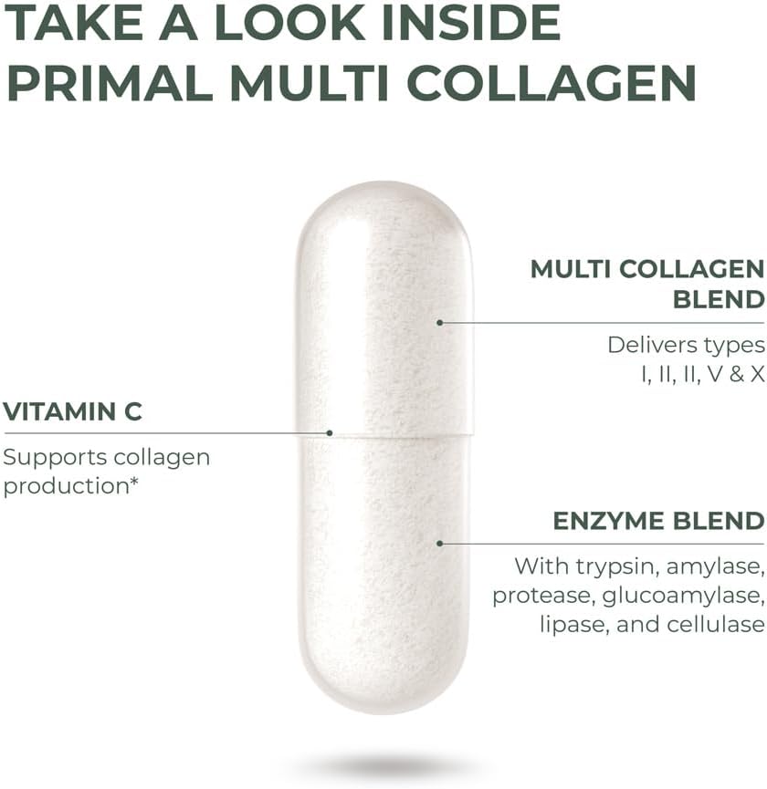120 Capsules of Primal Harvest Multi Collagen Pills with Vitamin C for Hair, Skin, Nails - Type I, II, III, V, X - Collagen Supplements for Women and Men