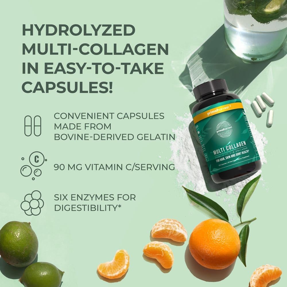 120 Capsules of Primal Harvest Multi Collagen Pills with Vitamin C for Hair, Skin, Nails - Type I, II, III, V, X - Collagen Supplements for Women and Men
