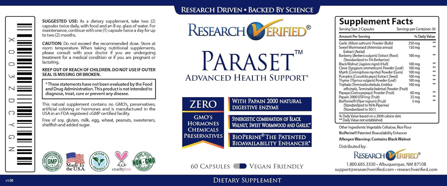 120 Capsules of Research Verified Paraset - Natural Gut Health Enhancer with Garlic Bulb, Papain, Sweet Wormwood, Black Walnut, and BioPerine - Vegan Formula