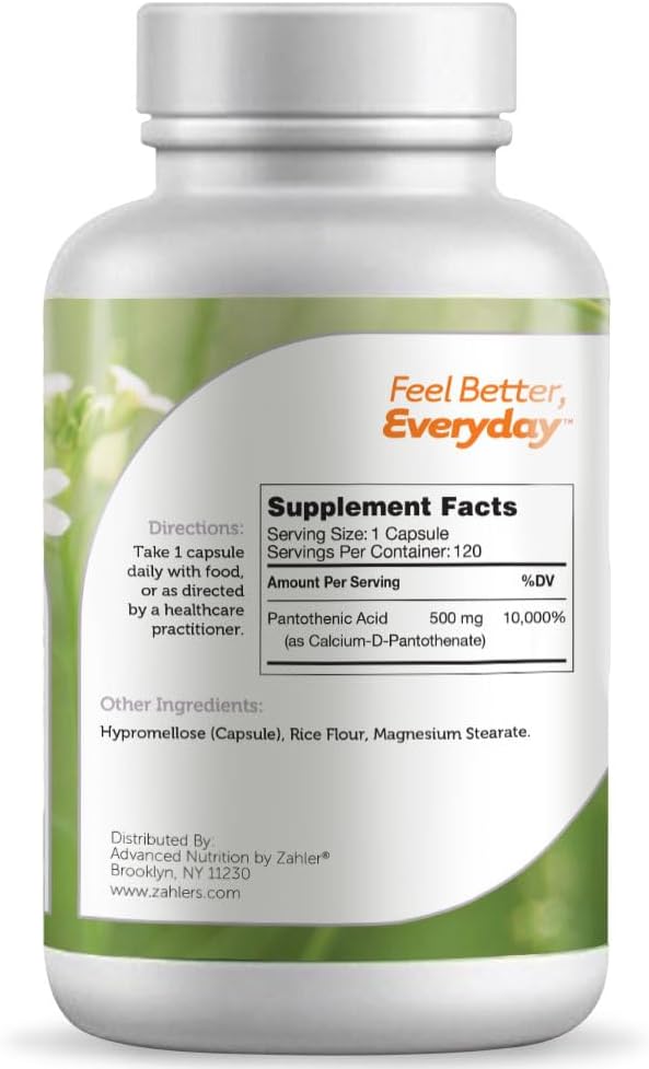 120 Capsules of Zahlers Pantothenic Acid Supplement for Overall Health and Wellbeing