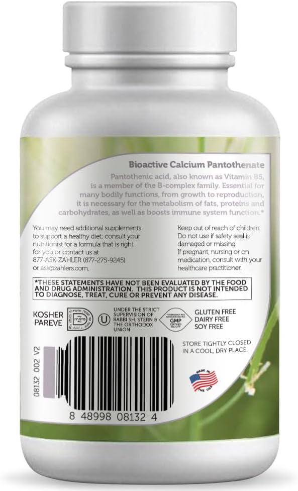 120 Capsules of Zahlers Pantothenic Acid Supplement for Overall Health and Wellbeing