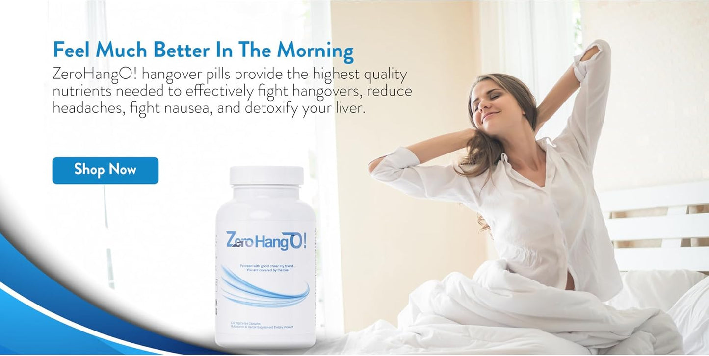 120 Capsules of ZeroHangO! Morning Recovery and Hydration Supplement with Dihydromyricetin, Taurine, Phospholipids, and Glutathione for Hangover Relief.