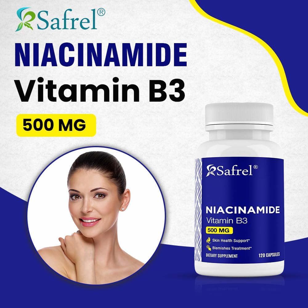 120 Capsules Safrel Niacinamide 500mg Vitamin B3 Skin Health Blemish Support Non-GMO Gluten-Free Flush-Free Formula Men Women's Health
