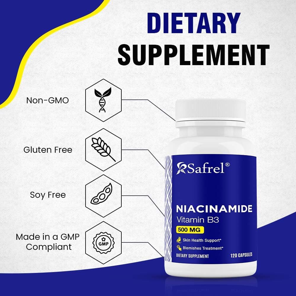 120 Capsules Safrel Niacinamide 500mg Vitamin B3 Skin Health Blemish Support Non-GMO Gluten-Free Flush-Free Formula Men Women's Health