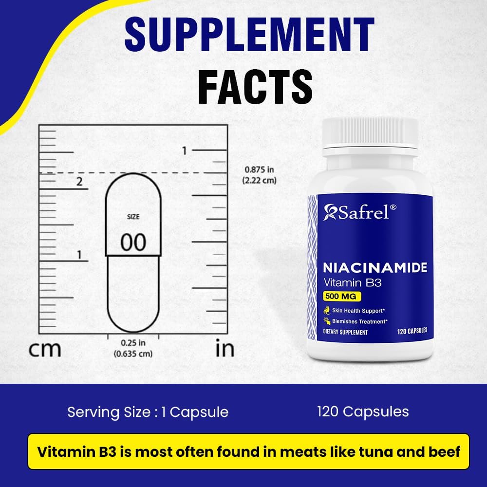 120 Capsules Safrel Niacinamide 500mg Vitamin B3 Skin Health Blemish Support Non-GMO Gluten-Free Flush-Free Formula Men Women's Health