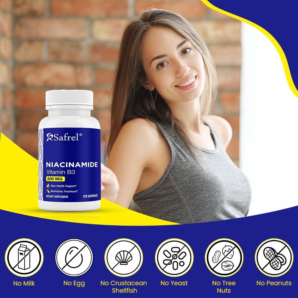 120 Capsules Safrel Niacinamide 500mg Vitamin B3 Skin Health Blemish Support Non-GMO Gluten-Free Flush-Free Formula Men Women's Health