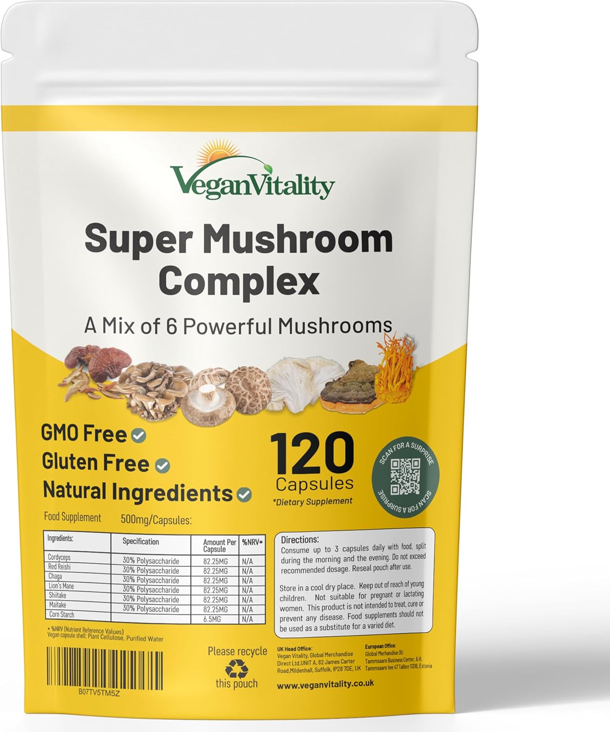 120 Capsules Vegan Mushroom Supplement Complex for Brain, Energy, Focus & Memory Support - Reishi, Chaga, Shitake, Maitake, Lion's Mane, Cordyceps