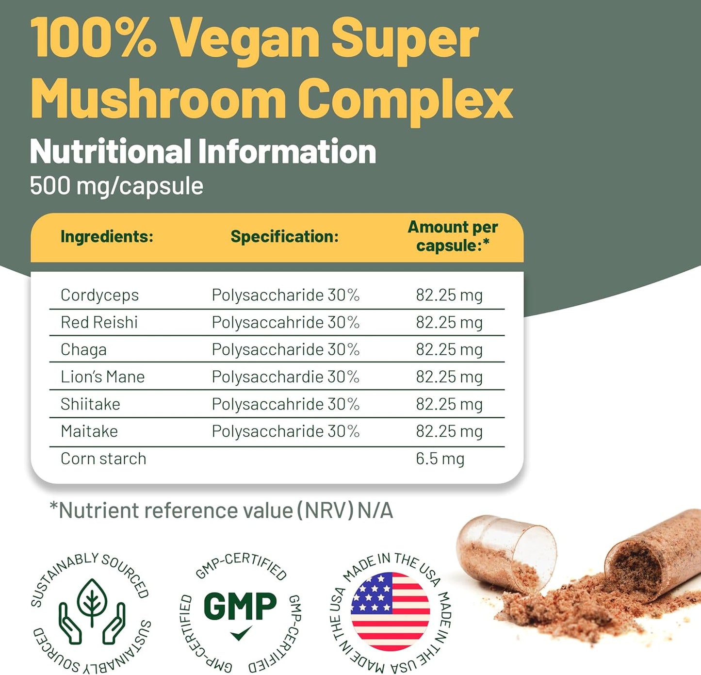 120 Capsules Vegan Mushroom Supplement Complex for Brain, Energy, Focus & Memory Support - Reishi, Chaga, Shitake, Maitake, Lion's Mane, Cordyceps