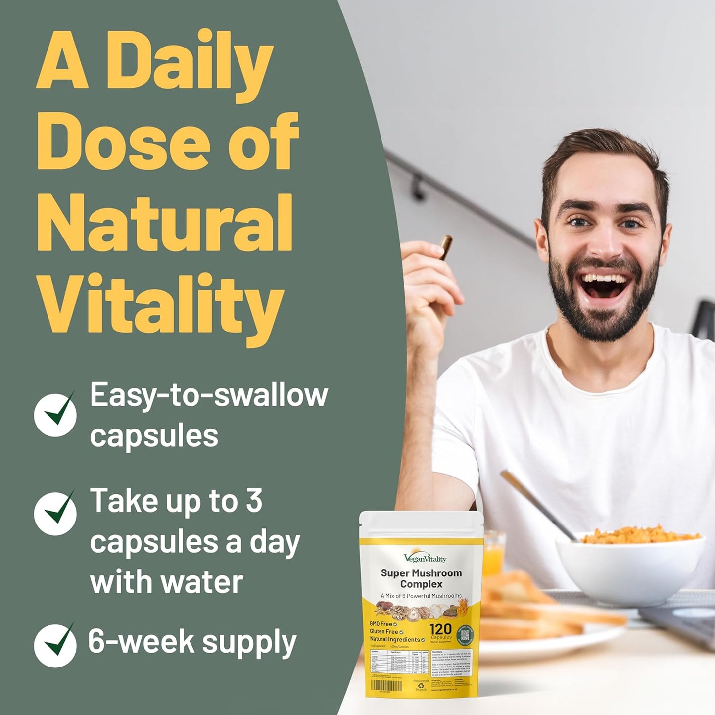 120 Capsules Vegan Mushroom Supplement Complex for Brain, Energy, Focus & Memory Support - Reishi, Chaga, Shitake, Maitake, Lion's Mane, Cordyceps