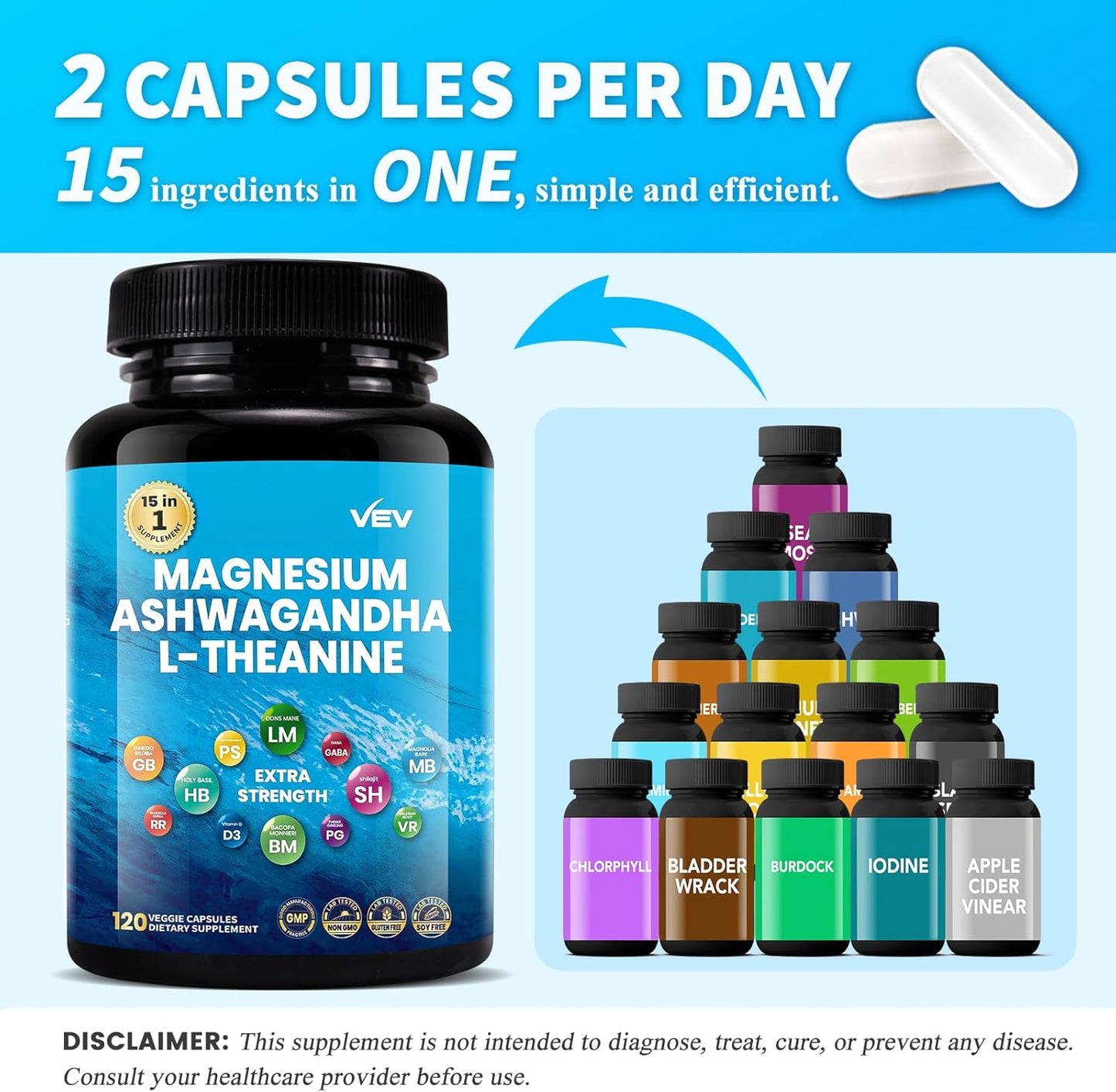 120 Capsules VEV Cortisol Supplements with Magnesium Glycinate, Ashwagandha, L-Theanine, and Vitamin D - Supports Relaxation, Focus, and Sleep