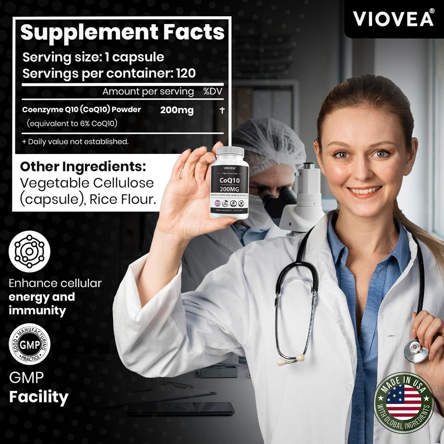 120 Capsules VIOVEA CoQ10 Supplement - 200mg, Made in USA, High Absorption Coenzyme Q10 for Heart Health and Energy - Antioxidant, 4-Month Supply