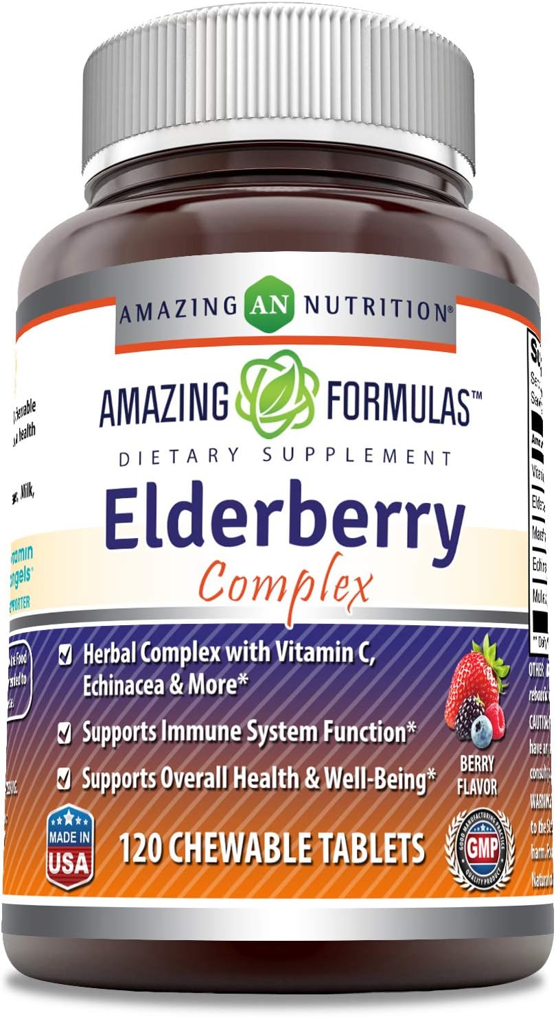 120 Chewable Berry Flavored Elderberry Complex Supplement | Non-GMO & Gluten-Free | Made in USA by Amazing Nutrition