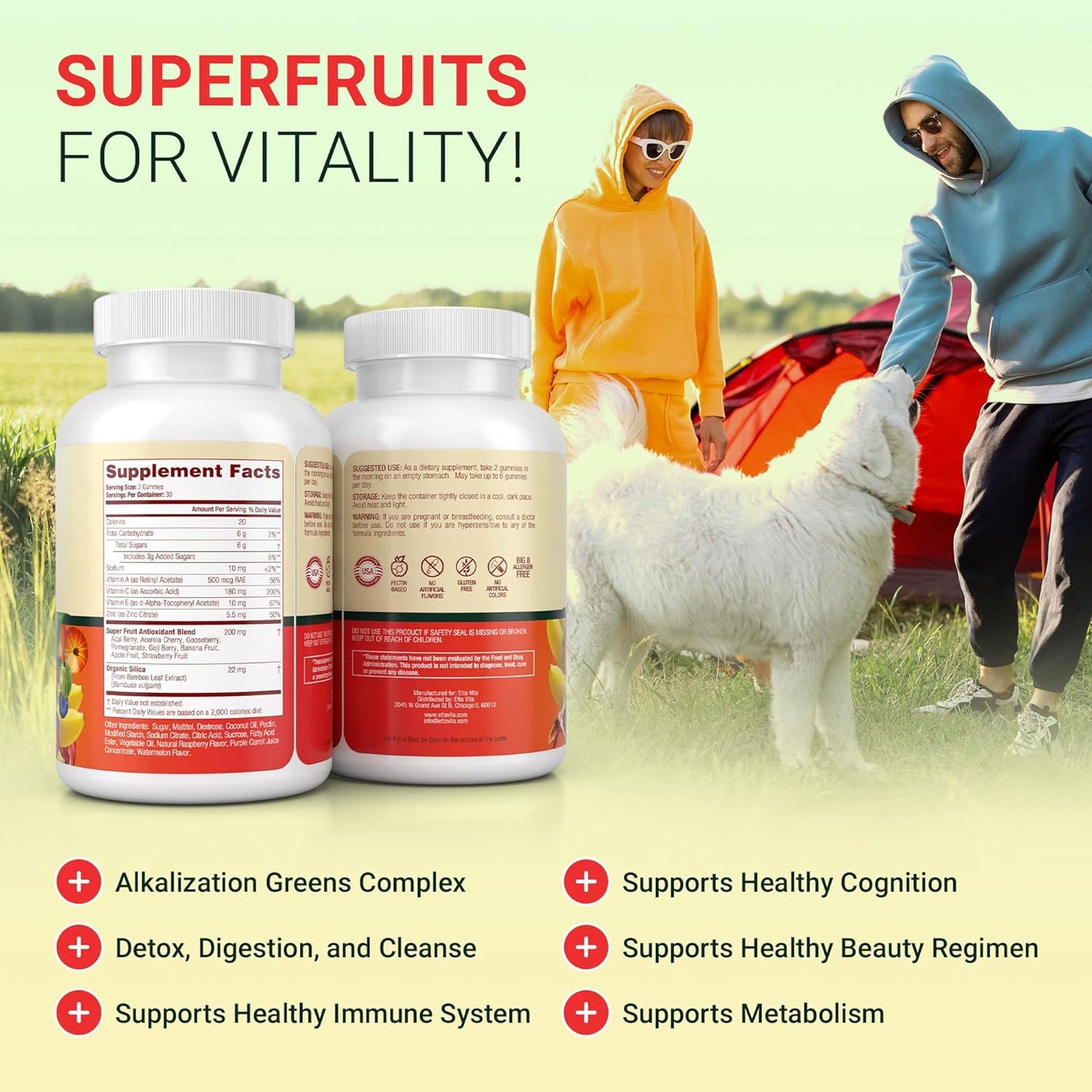 120 Chewable Fruits and Veggies Gummies - Superfood Supplement with Mushrooms, Vitamins, and Antioxidants - Non-GMO, Gluten-Free, Pectin-Based Formula