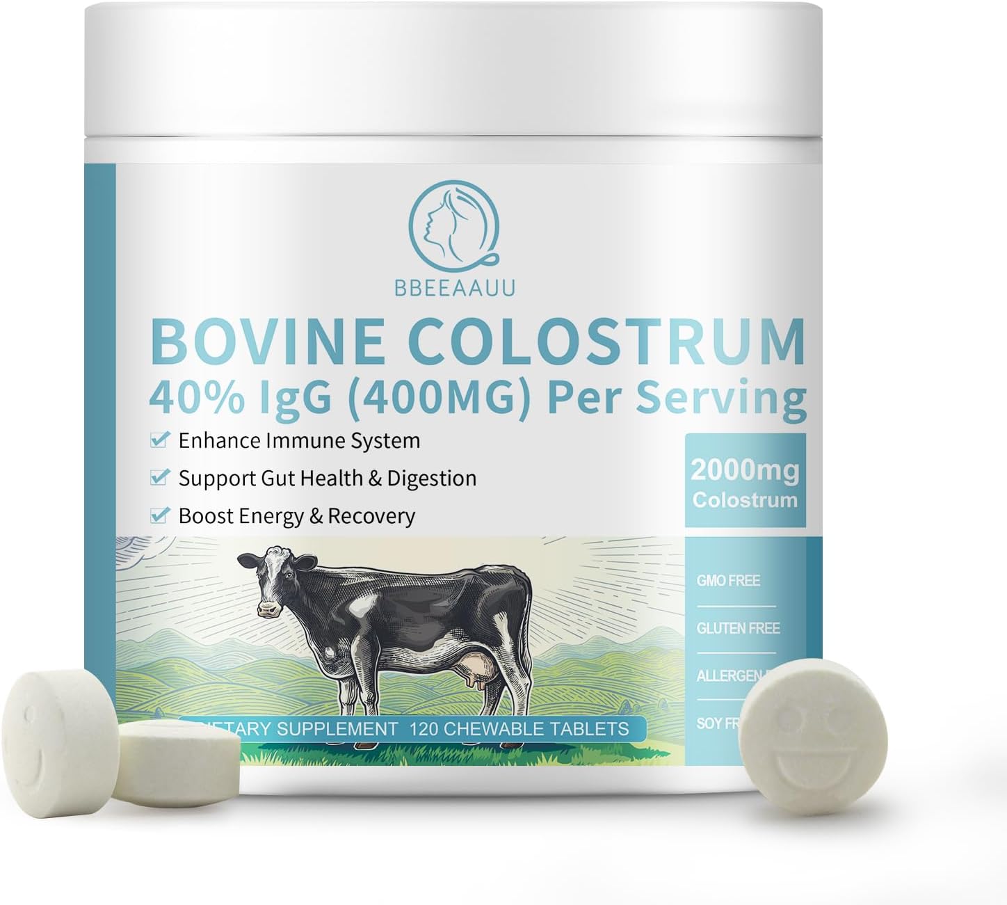 120 Chewable Tablets of BBEEAAUU Bovine Colostrum: Immune Support, Gut Health, Hair Growth, Energy - 2000mg Supplement with 40% IgG, 100% Grass Fed, First-Milking, Gluten-Free, Soy-Free