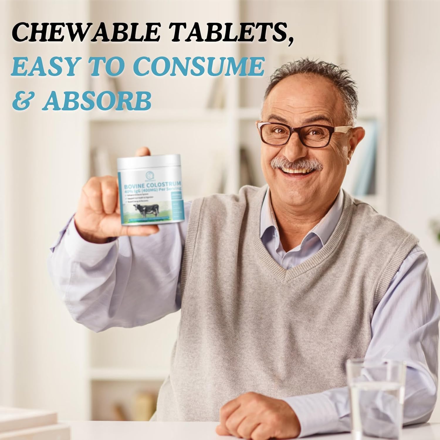 120 Chewable Tablets of BBEEAAUU Bovine Colostrum: Immune Support, Gut Health, Hair Growth, Energy - 2000mg Supplement with 40% IgG, 100% Grass Fed, First-Milking, Gluten-Free, Soy-Free