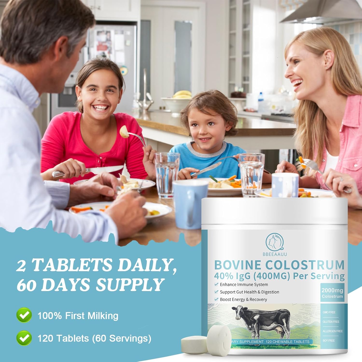 120 Chewable Tablets of BBEEAAUU Bovine Colostrum: Immune Support, Gut Health, Hair Growth, Energy - 2000mg Supplement with 40% IgG, 100% Grass Fed, First-Milking, Gluten-Free, Soy-Free