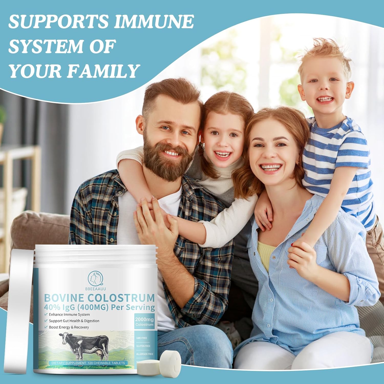 120 Chewable Tablets of BBEEAAUU Bovine Colostrum: Immune Support, Gut Health, Hair Growth, Energy - 2000mg Supplement with 40% IgG, 100% Grass Fed, First-Milking, Gluten-Free, Soy-Free