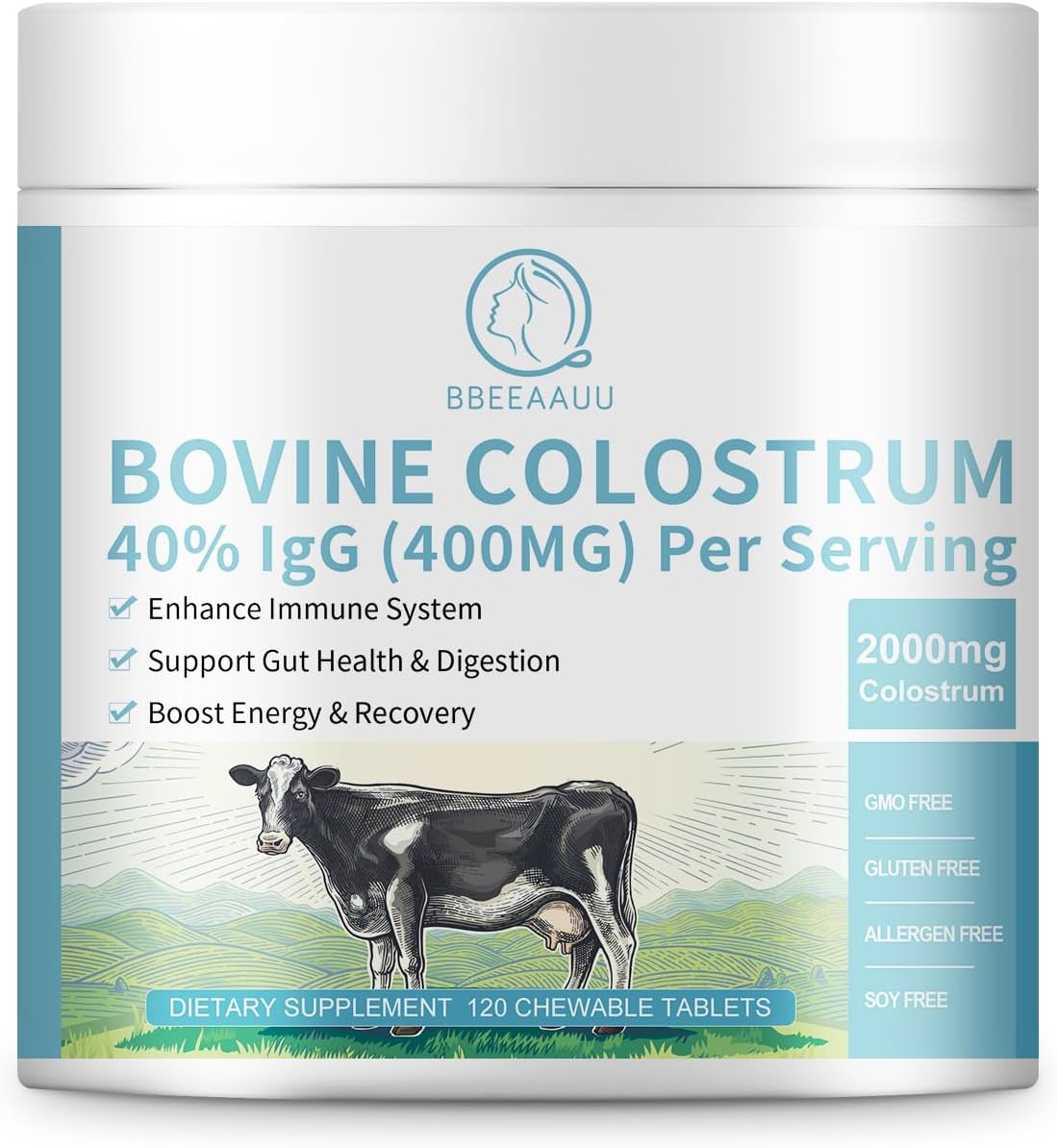 120 Chewable Tablets of BBEEAAUU Bovine Colostrum: Immune Support, Gut Health, Hair Growth, Energy - 2000mg Supplement with 40% IgG, 100% Grass Fed, First-Milking, Gluten-Free, Soy-Free