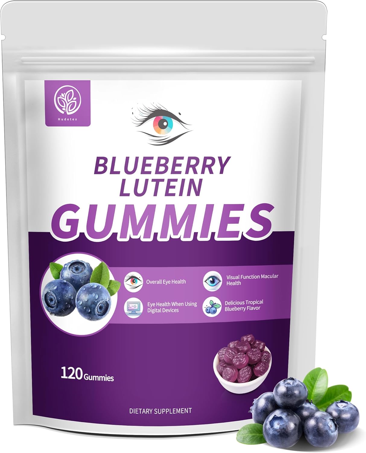 120 Count Blueberry Lutein Gummies for Eye Health Support - 2 Month Supply for Kids & Adults - Blueberry Juice and Lutein Supplement