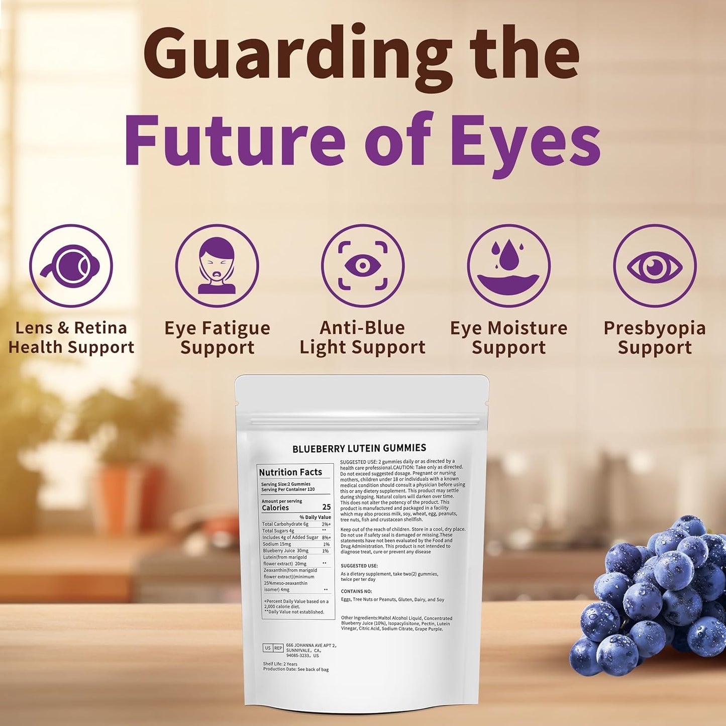120 Count Blueberry Lutein Gummies for Eye Health Support - 2 Month Supply for Kids & Adults - Blueberry Juice and Lutein Supplement