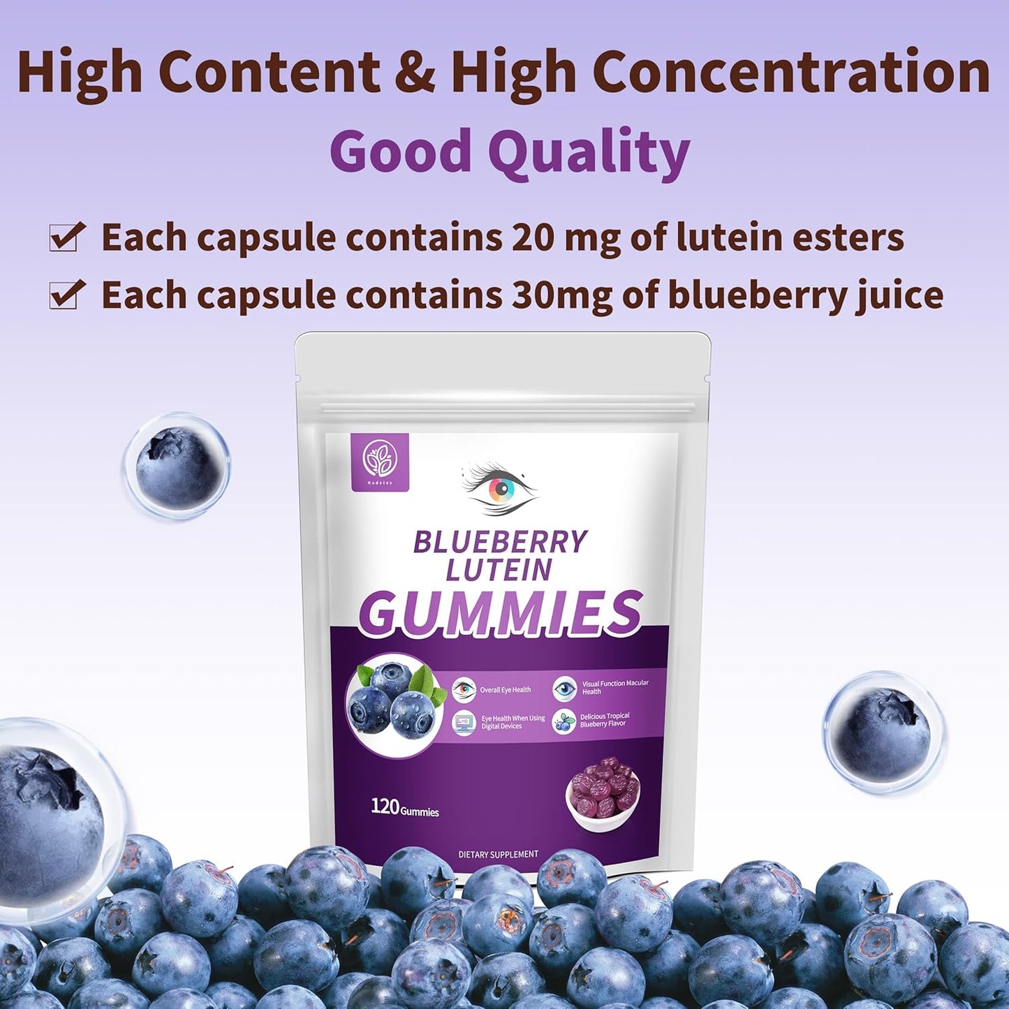 120 Count Blueberry Lutein Gummies for Eye Health Support - 2 Month Supply for Kids & Adults - Blueberry Juice and Lutein Supplement