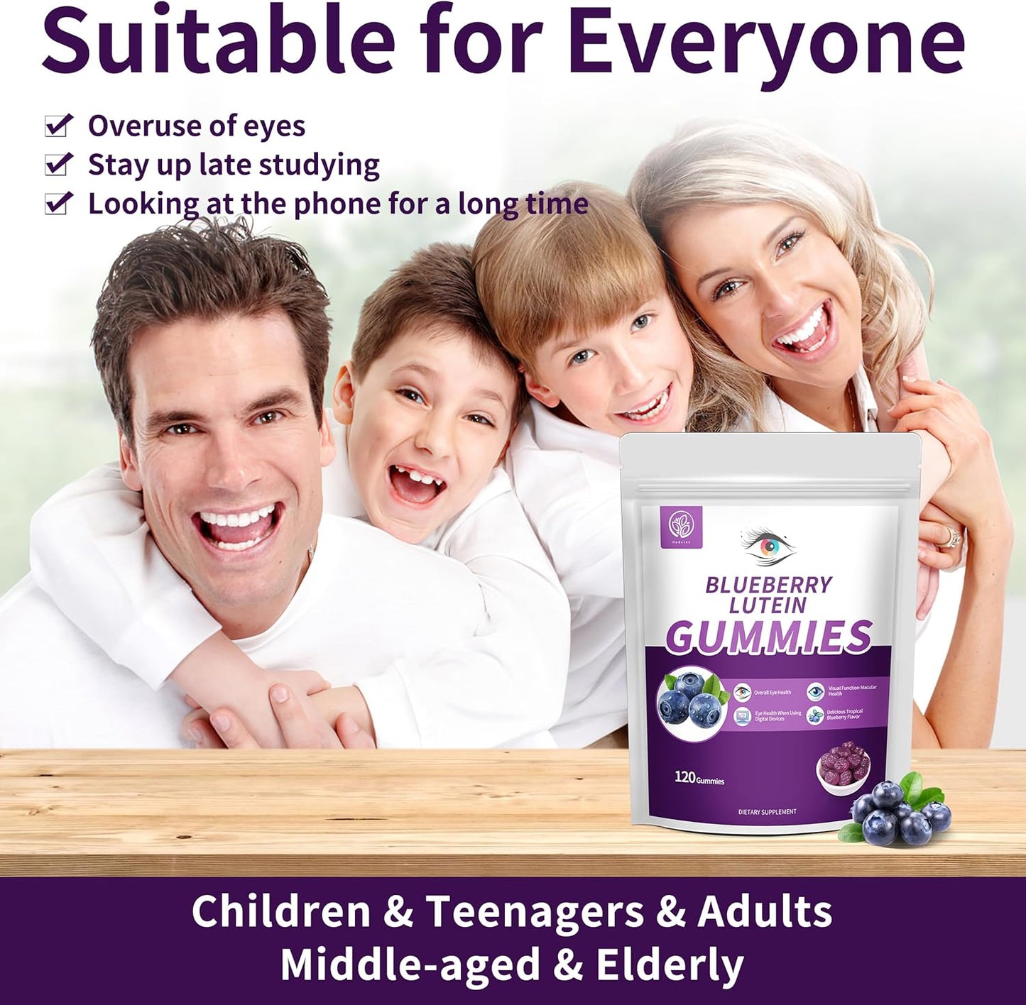 120 Count Blueberry Lutein Gummies for Eye Health Support - 2 Month Supply for Kids & Adults - Blueberry Juice and Lutein Supplement