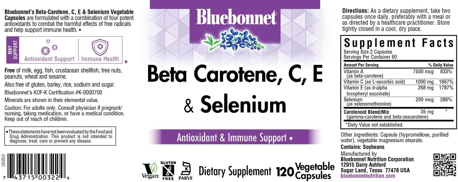 120 Count BlueBonnet Beta Carotene C, E, and Selenium Vegetarian Capsules in White Color