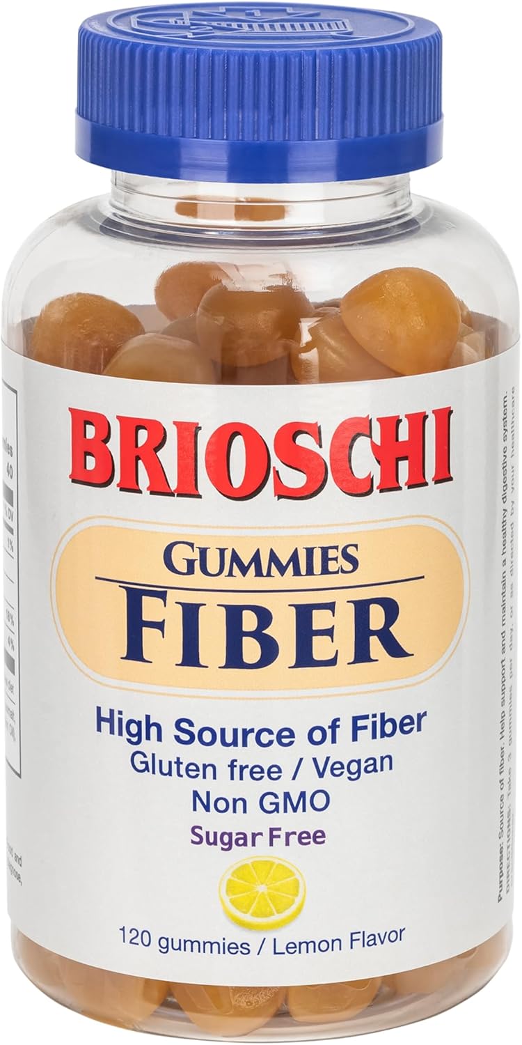 120 Count Brioschi Lemon Flavored Fiber Gummies - Gluten-Free Vegan Non-GMO Gelatin-Free with High Fiber & Sugar-Free