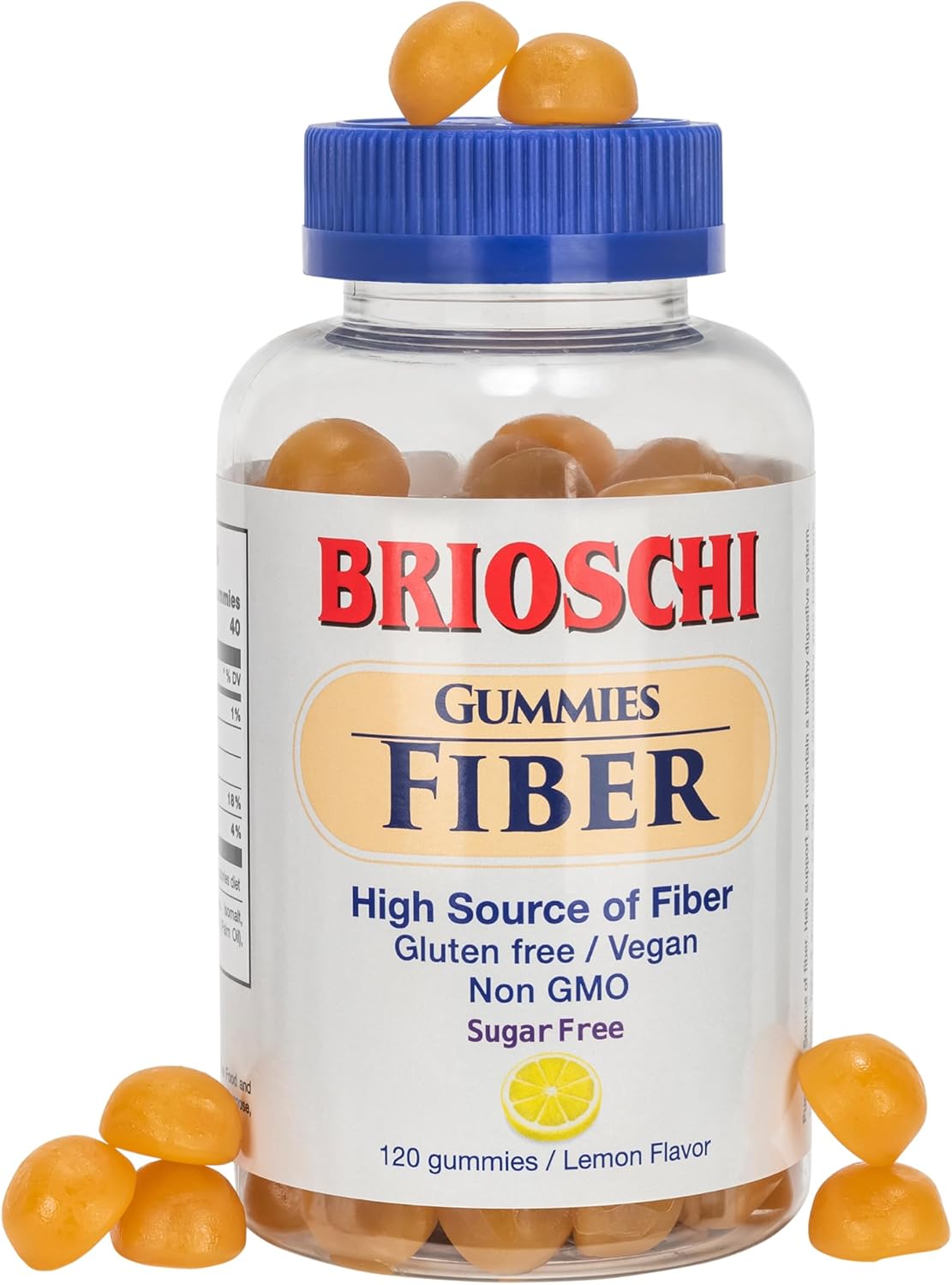 120 Count Brioschi Lemon Flavored Fiber Gummies - Gluten-Free Vegan Non-GMO Gelatin-Free with High Fiber & Sugar-Free