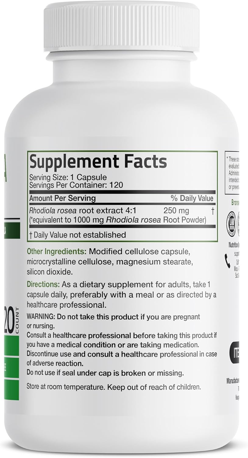 120 Count Bronson Rhodiola Rosea Vegetarian Capsules - Adaptogenic Herb for Brain, Stress & Mood Support - Non-GMO Formula