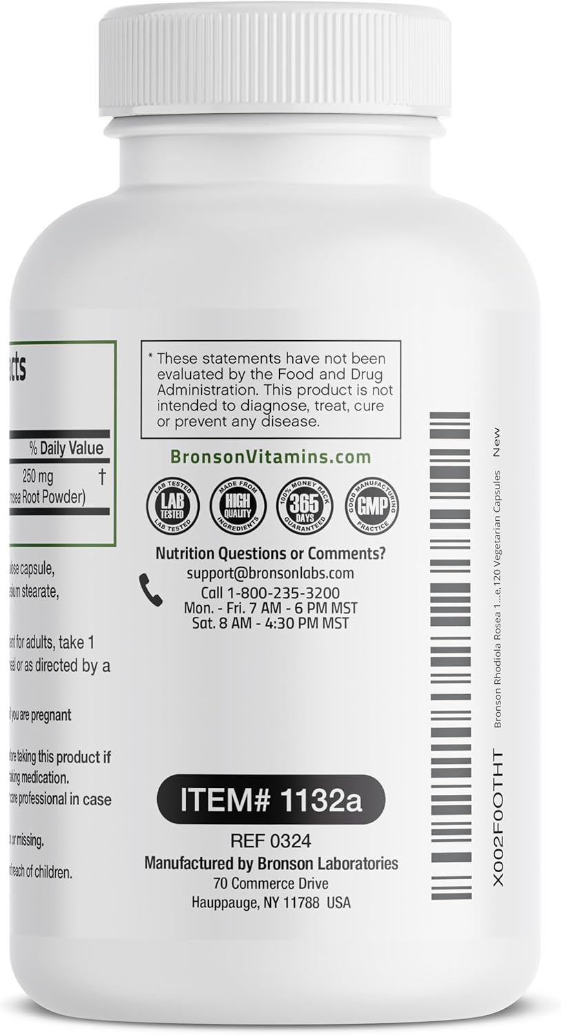 120 Count Bronson Rhodiola Rosea Vegetarian Capsules - Adaptogenic Herb for Brain, Stress & Mood Support - Non-GMO Formula