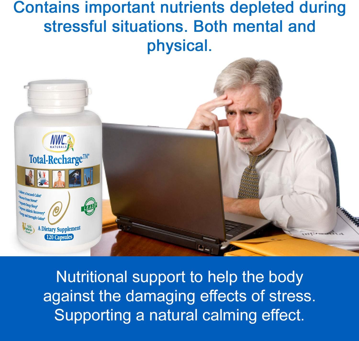 120 Count Capsules NWC Naturals Total-Recharge: Stress Relief, Energy Boost, Mental Clarity, Workout Recovery, Calming - Vegetarian Formula