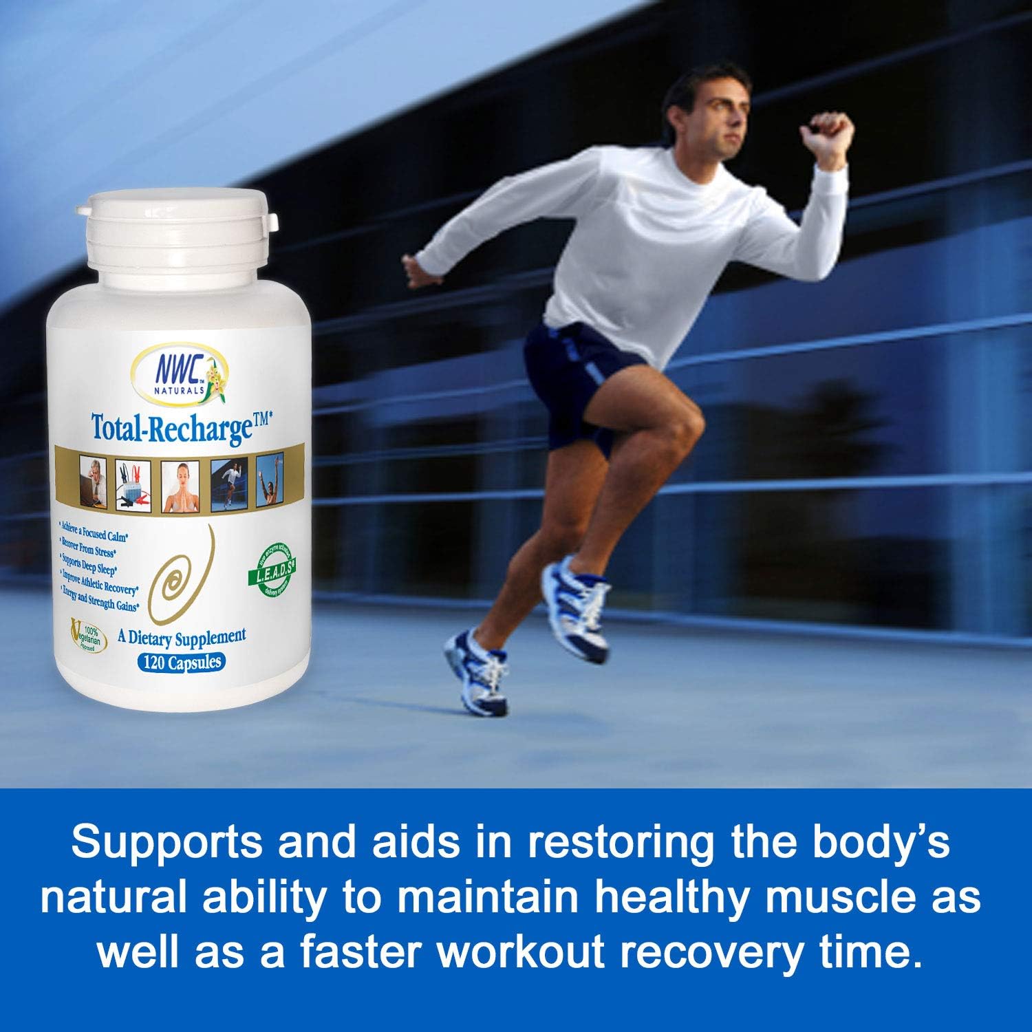 120 Count Capsules NWC Naturals Total-Recharge: Stress Relief, Energy Boost, Mental Clarity, Workout Recovery, Calming - Vegetarian Formula