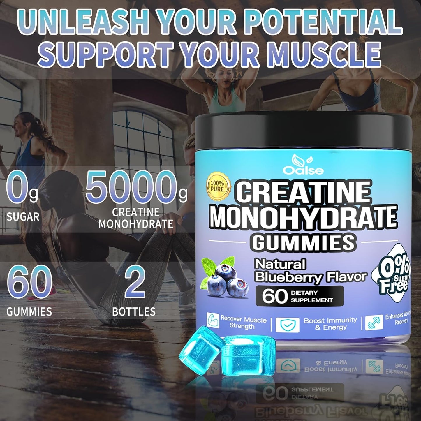 120 Count Creatine Monohydrate Gummies for Muscle Support & Energy Boost - Vegan, Sugar Free, Blueberry Flavor, 2 Pack