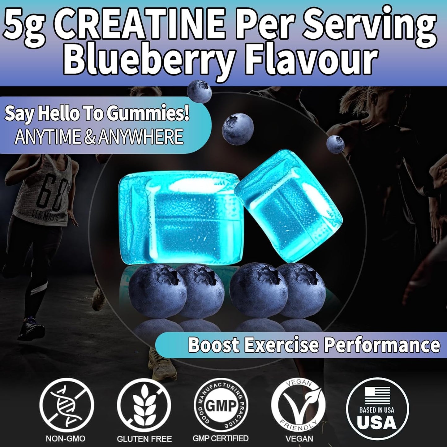 120 Count Creatine Monohydrate Gummies for Muscle Support & Energy Boost - Vegan, Sugar Free, Blueberry Flavor, 2 Pack