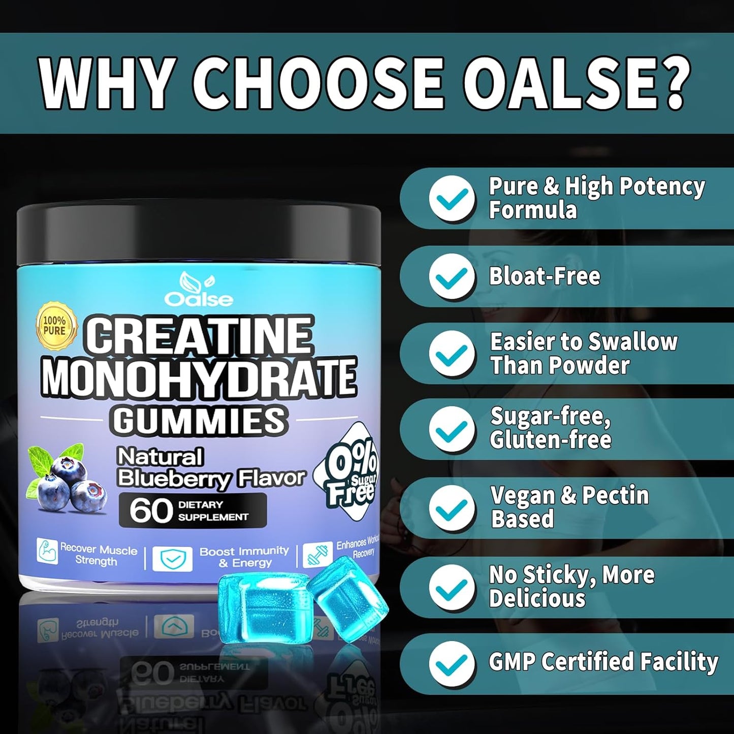 120 Count Creatine Monohydrate Gummies for Muscle Support & Energy Boost - Vegan, Sugar Free, Blueberry Flavor, 2 Pack