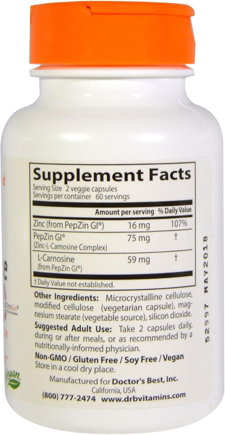 120 Count Doctor's Best Zinc Carnosine Complex Capsules with PepZin GI - Vegetarian Formula for Gut Health