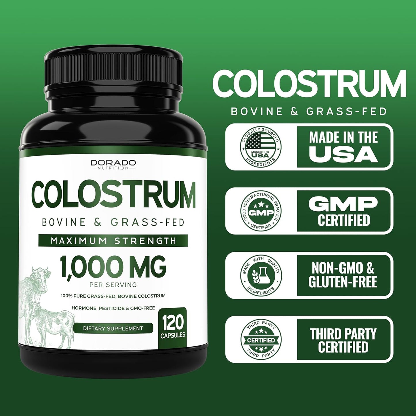 120 Count Dorado Nutrition Bovine Colostrum Capsules (1000mg) - 20% IgG Immunoglobulins, Grass Fed, No Fillers, USA Made