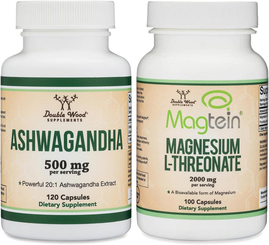120 Count Double Wood Supplements Ashwagandha 500mg and Magnesium L-Threonate 2000mg Bundle
