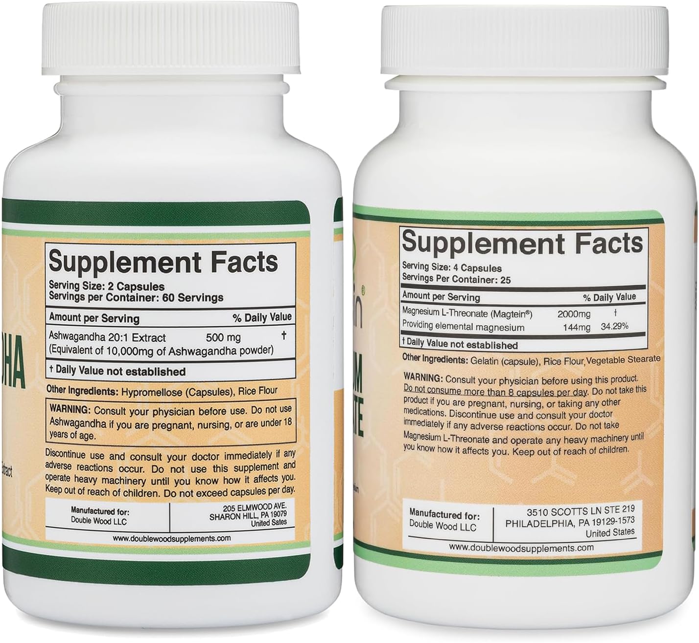 120 Count Double Wood Supplements Ashwagandha 500mg and Magnesium L-Threonate 2000mg Bundle