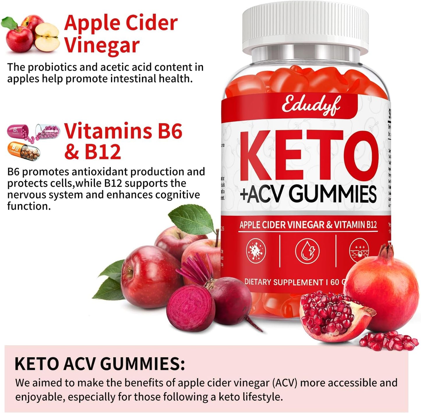 120 Count Elgin EDUDYF Keto ACV Gummies with B12 - Gluten-Free & Gelatin-Free Apple Cider Vinegar Gummies for Keto Support - Vegetarian Supplement for Men & Women