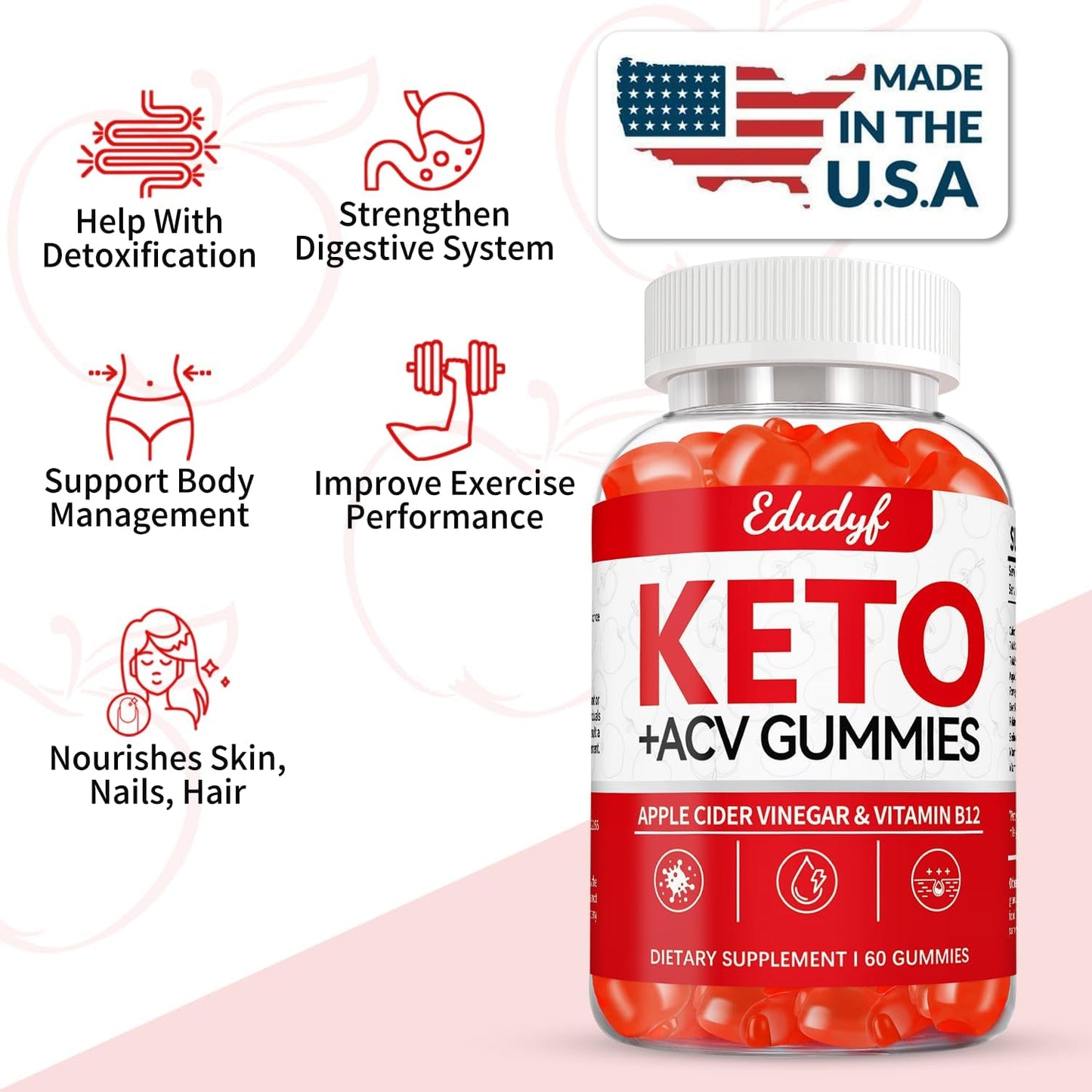 120 Count Elgin EDUDYF Keto ACV Gummies with B12 - Gluten-Free & Gelatin-Free Apple Cider Vinegar Gummies for Keto Support - Vegetarian Supplement for Men & Women