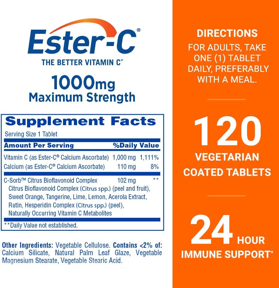120 Count Ester-C 1000 mg Coated Tablets for Immune System Support and Gentle on Stomach